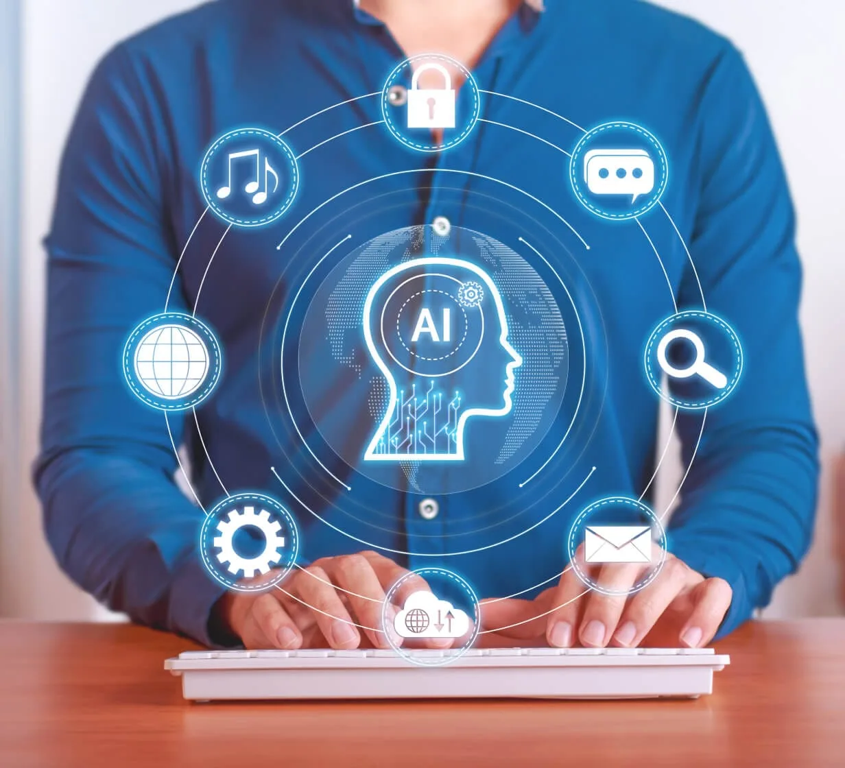 Digital AI automation network above a laptop keyboard representing workflow intelligence.