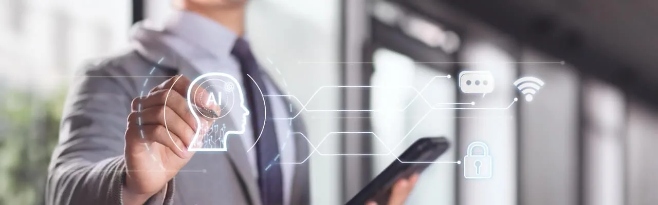 Business professional using a smartphone with AI hologram icons for chat, security, and connectivity.