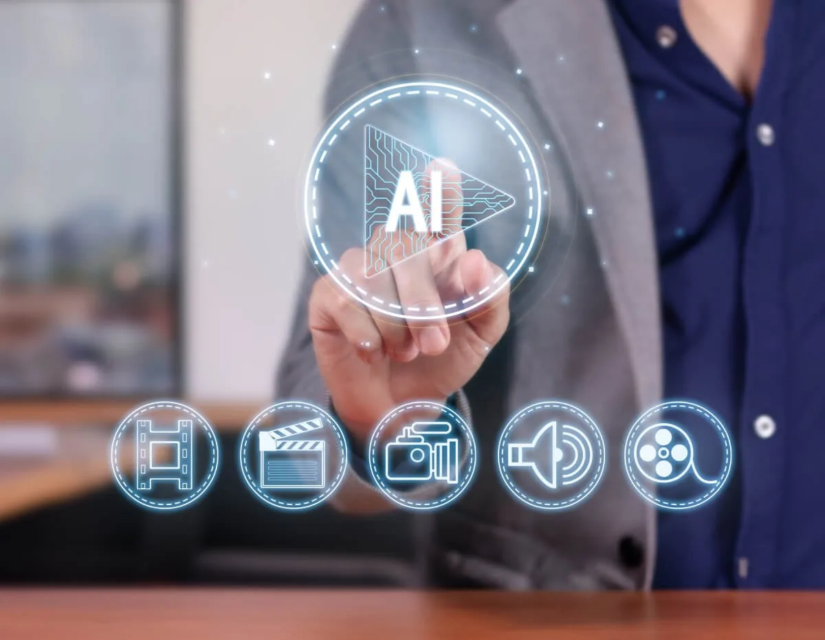 Business professional pressing a digital AI play button to activate automation processes.